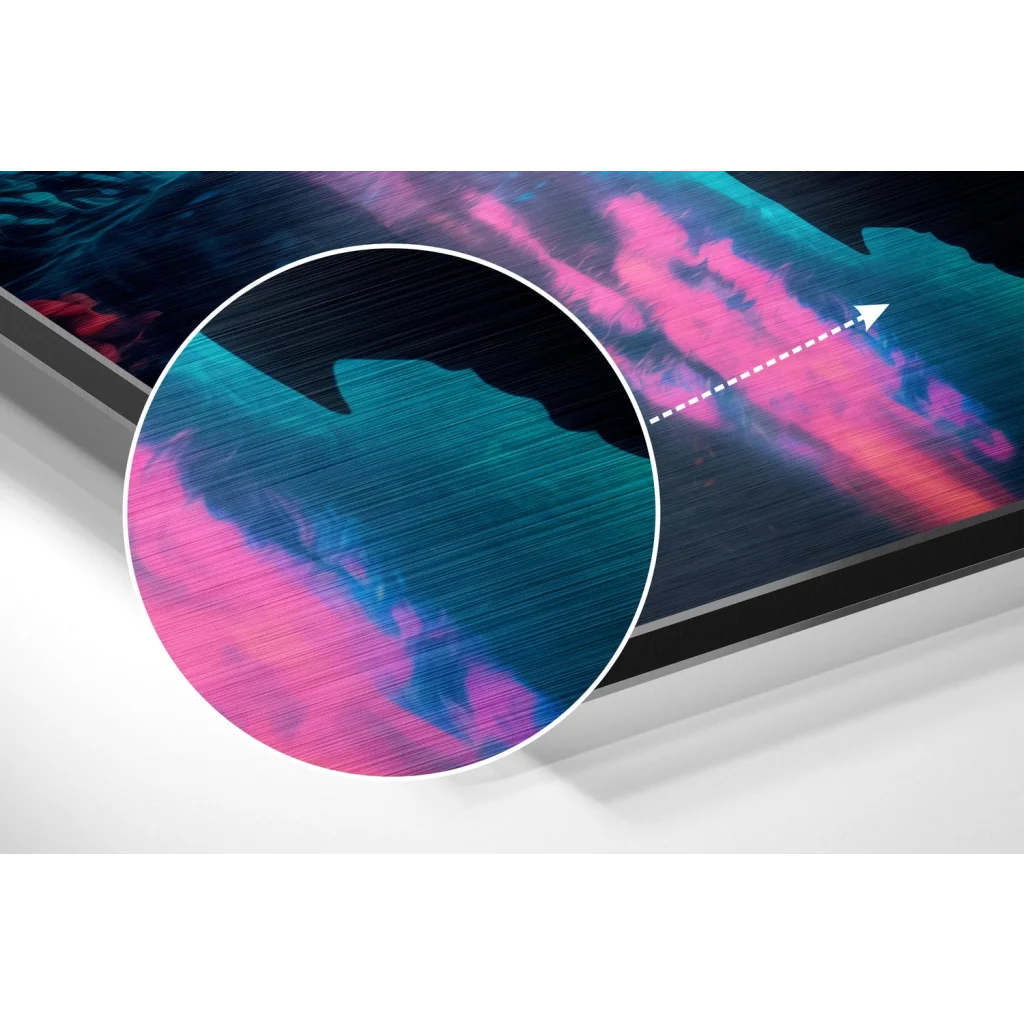 Vibrant pink and teal abstract art on brushed aluminium dibond print