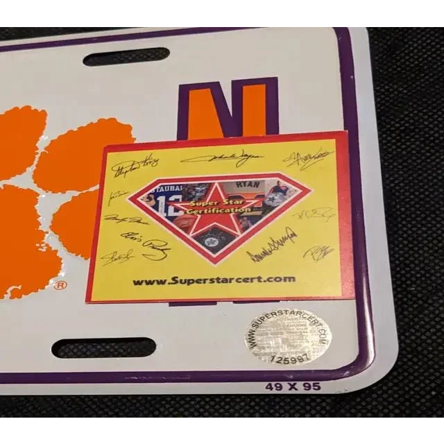 Clemson Tigers license plate with Super Star sticker and signatures, Dabo Swinney signed team collectible