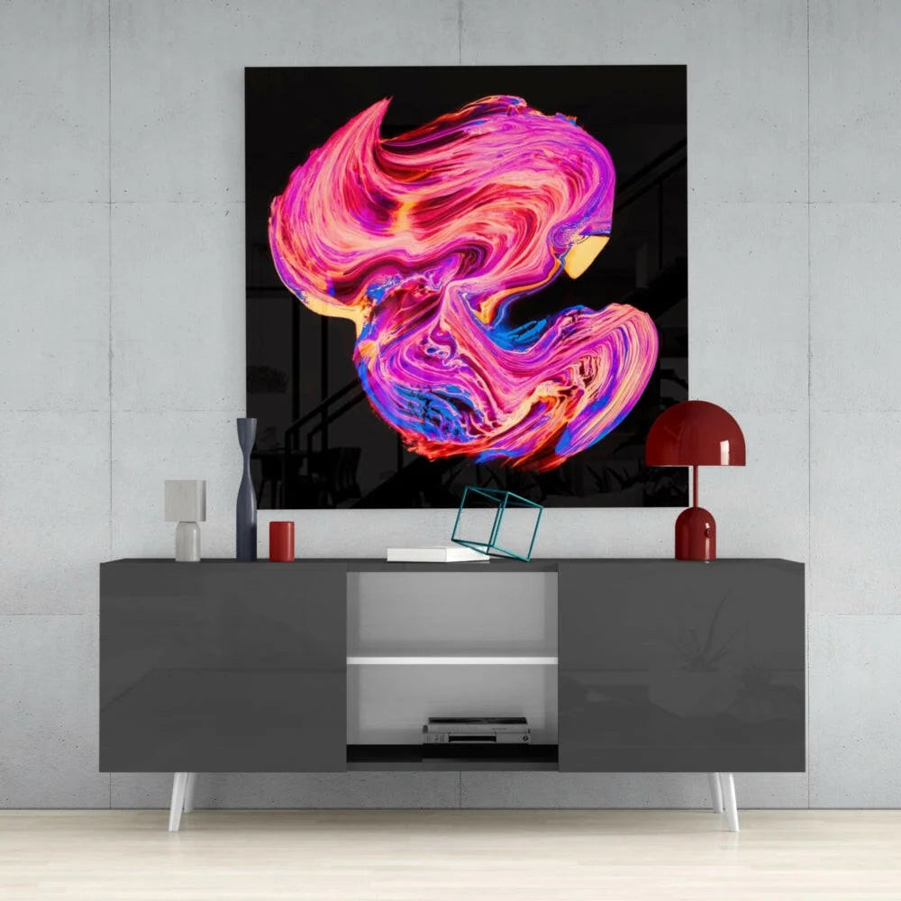 Vibrant swirl glass wall art in pink, purple, blue, orange on black