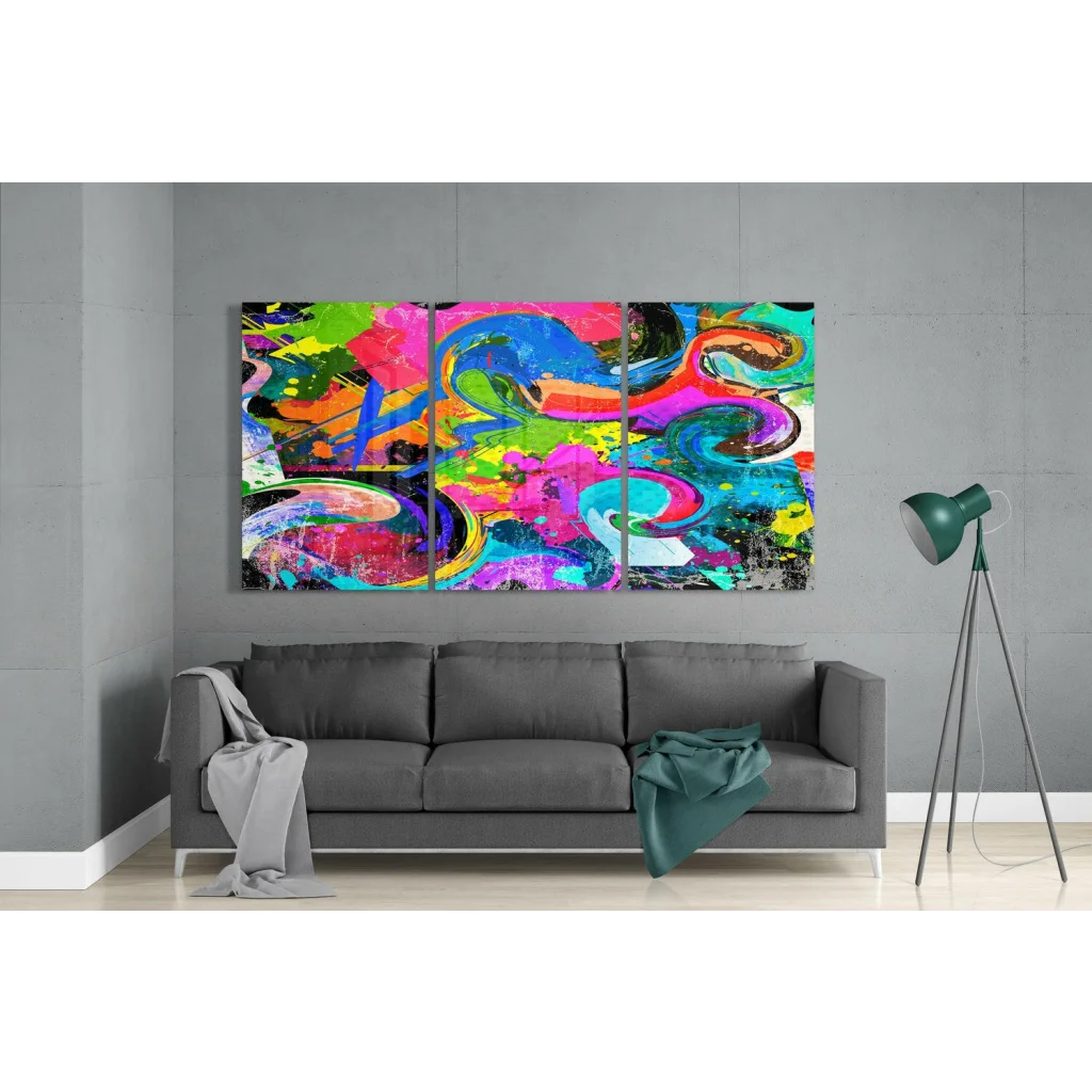 Vibrant neon explosion triptych wall art canvas set with swirling colors