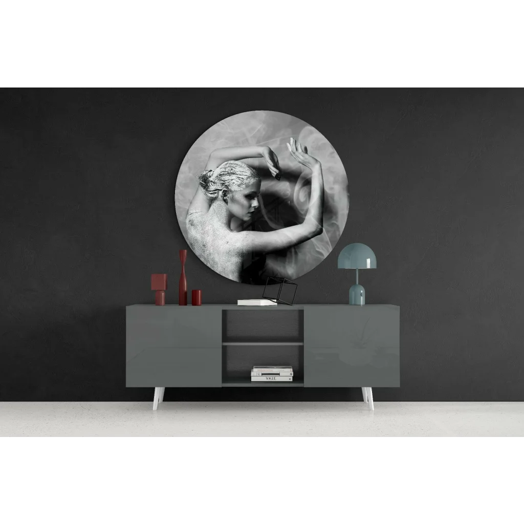 Dynamic Dancer black-and-white tempered glass art on wall