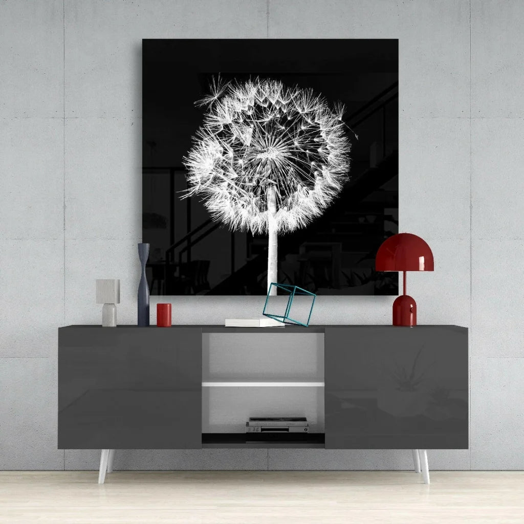 Stunning Dandelion Glass Wall Art in Sleek Black and White | Modern Wall Art Decor | vintageantiquesgifts.com