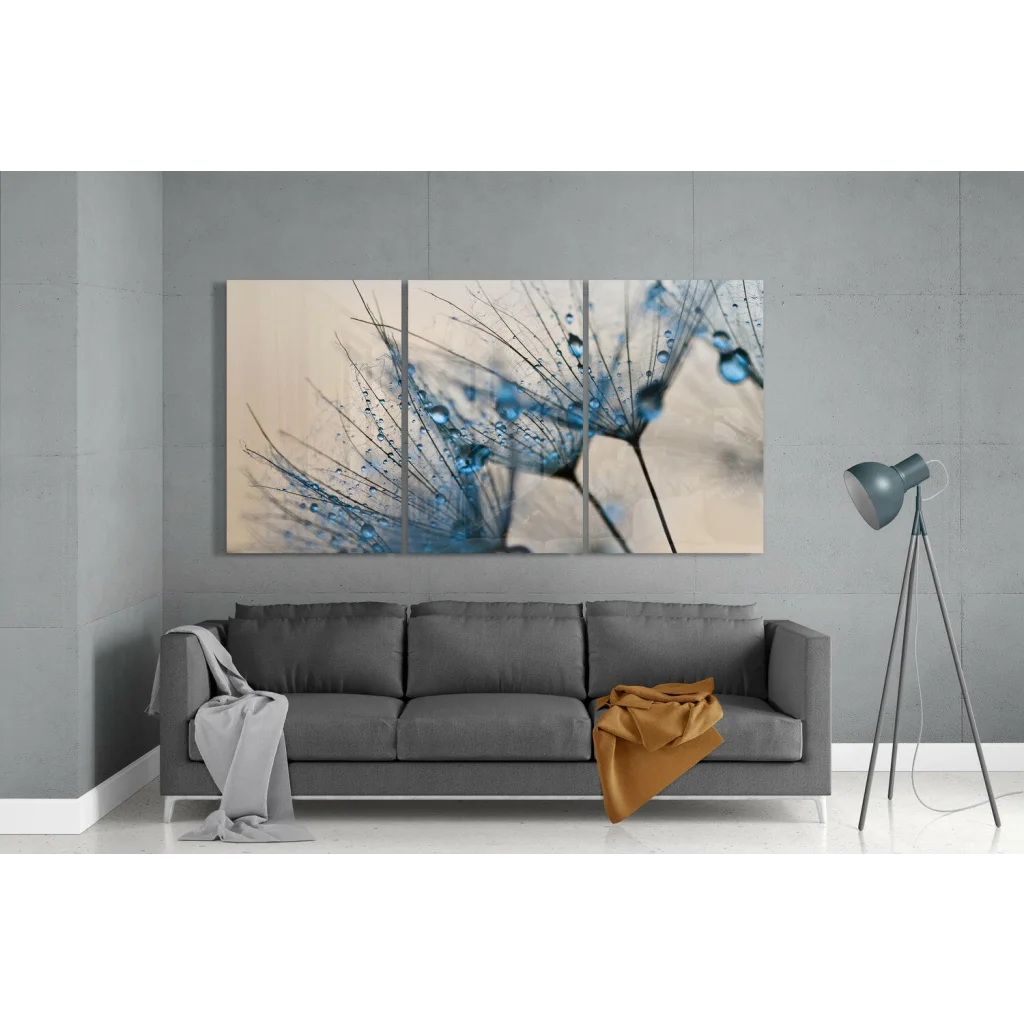Stunning Blue Dandelion Dewdrop Wall Art Triptych Canvas | Modern Wall Art Decor | vintageantiquesgifts.com