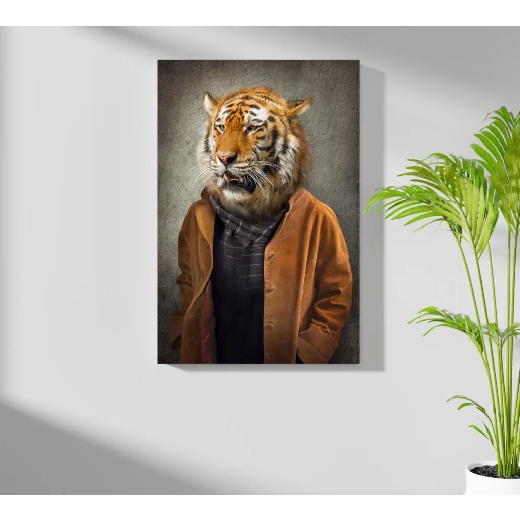 Dapper Tiger in Orange Jacket aluminum wall print portrait