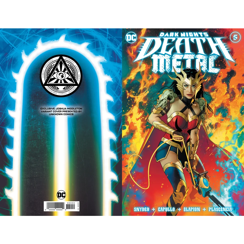 Dark Nights Death Metal Wonder Woman comic covers with battle armor and glowing chainsaw blade
