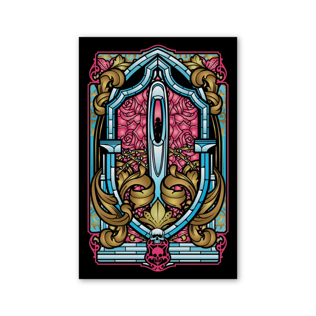 Ornate stained-glass art with sword roses skull for David Dastmalchian deluxe edition art prints