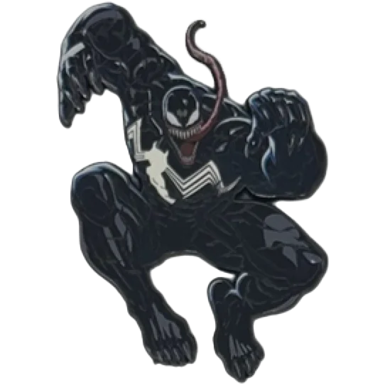 Glossy black Venom enamel pin with white spider emblem and red tongue from Nakayama Marvel blind box