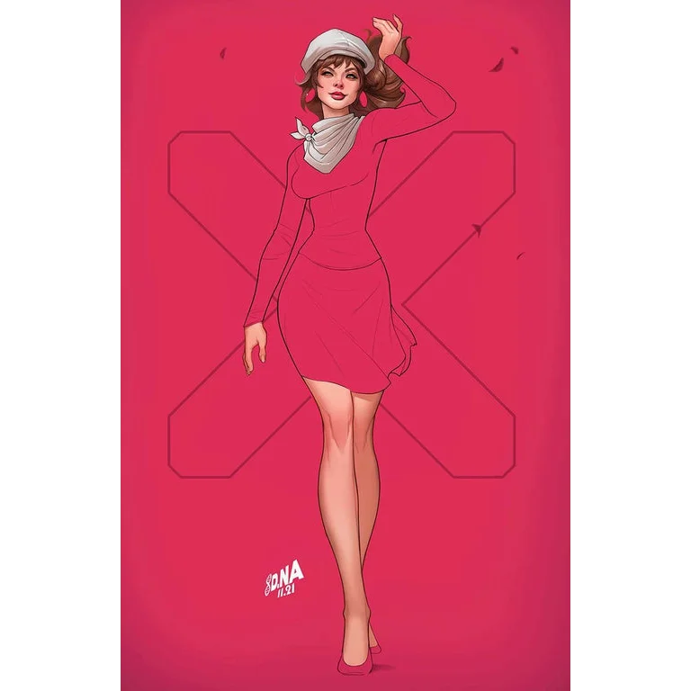 Woman in red dress white beret holding apple for David Nakayama Marvel Inferno collectible