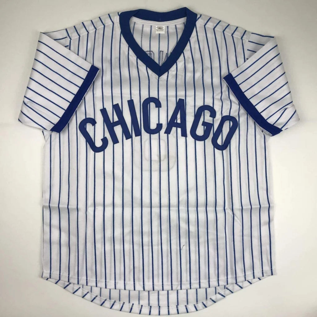 White custom jersey with blue pinstripes and CHICAGO lettering for sports league fans