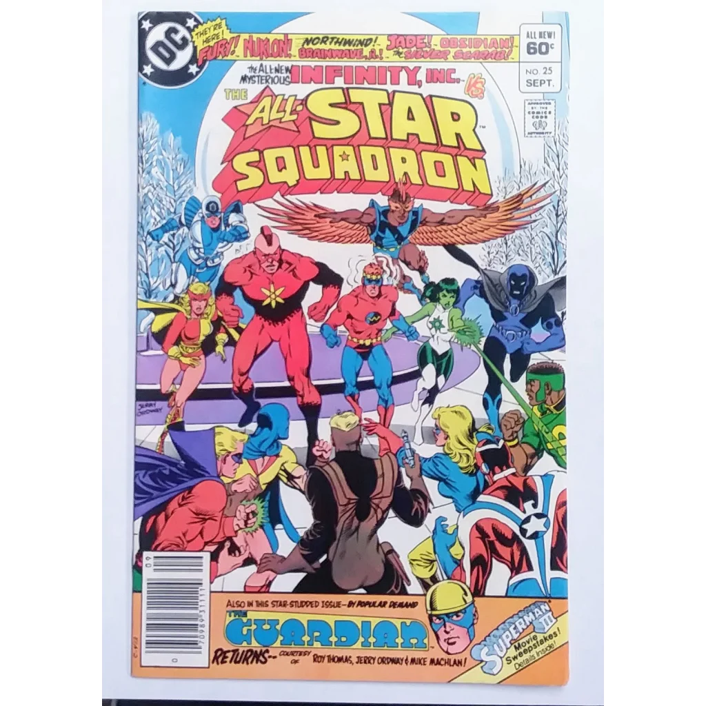 Vibrant 1980s DC Comics All-Star Squadron #25 cover with action heroes