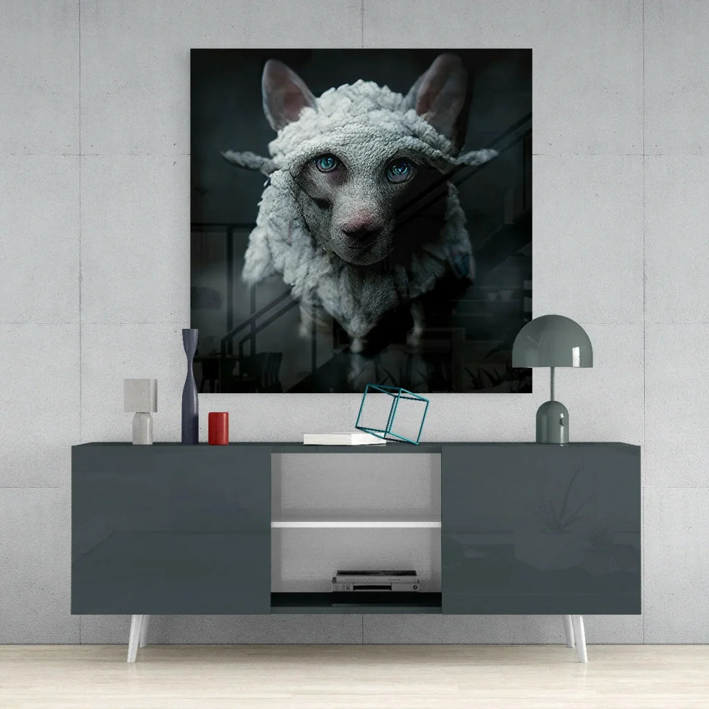 Mystical blue-eyed wolf glass wall art with fluffy white fur