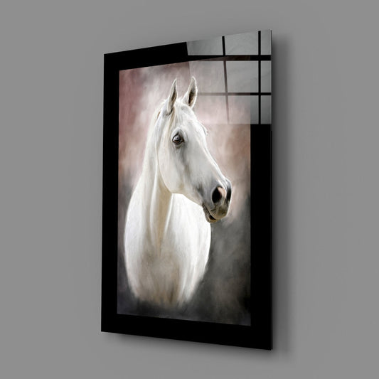 A framed glass wall art displaying a white horse's head in profile against a soft, blurred background, mounted at an angle on a gray wall.