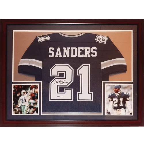Deion Sanders autographed Dallas Cowboys blue #21 framed jersey JSA