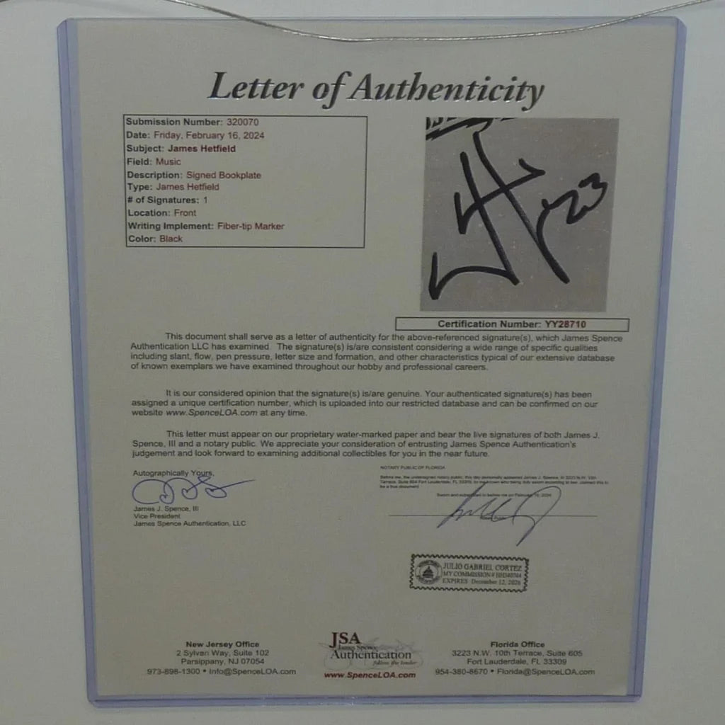 Deluxe framed 16x20 James Hetfield signed Metallica guitar art with 2024 JSA letter