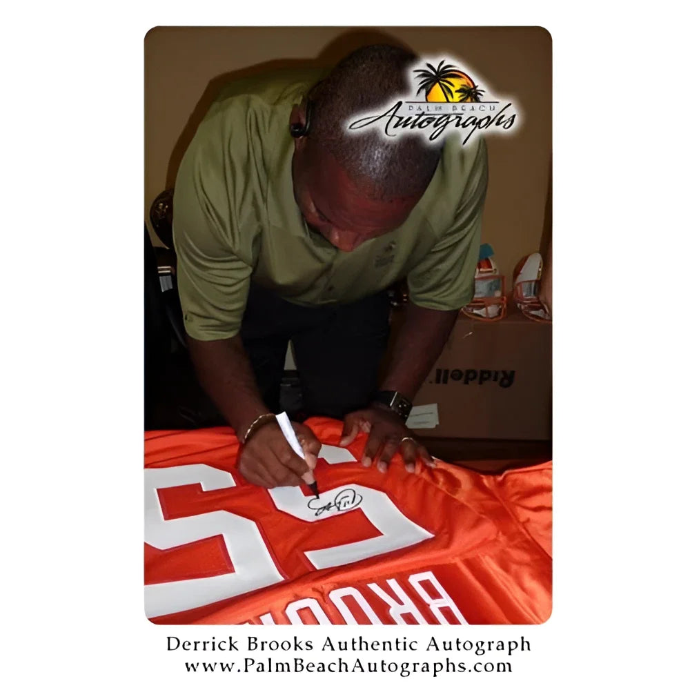 Back of Derrick Brooks autographed Tampa Bay orange throwback custom jersey #53 Brooks