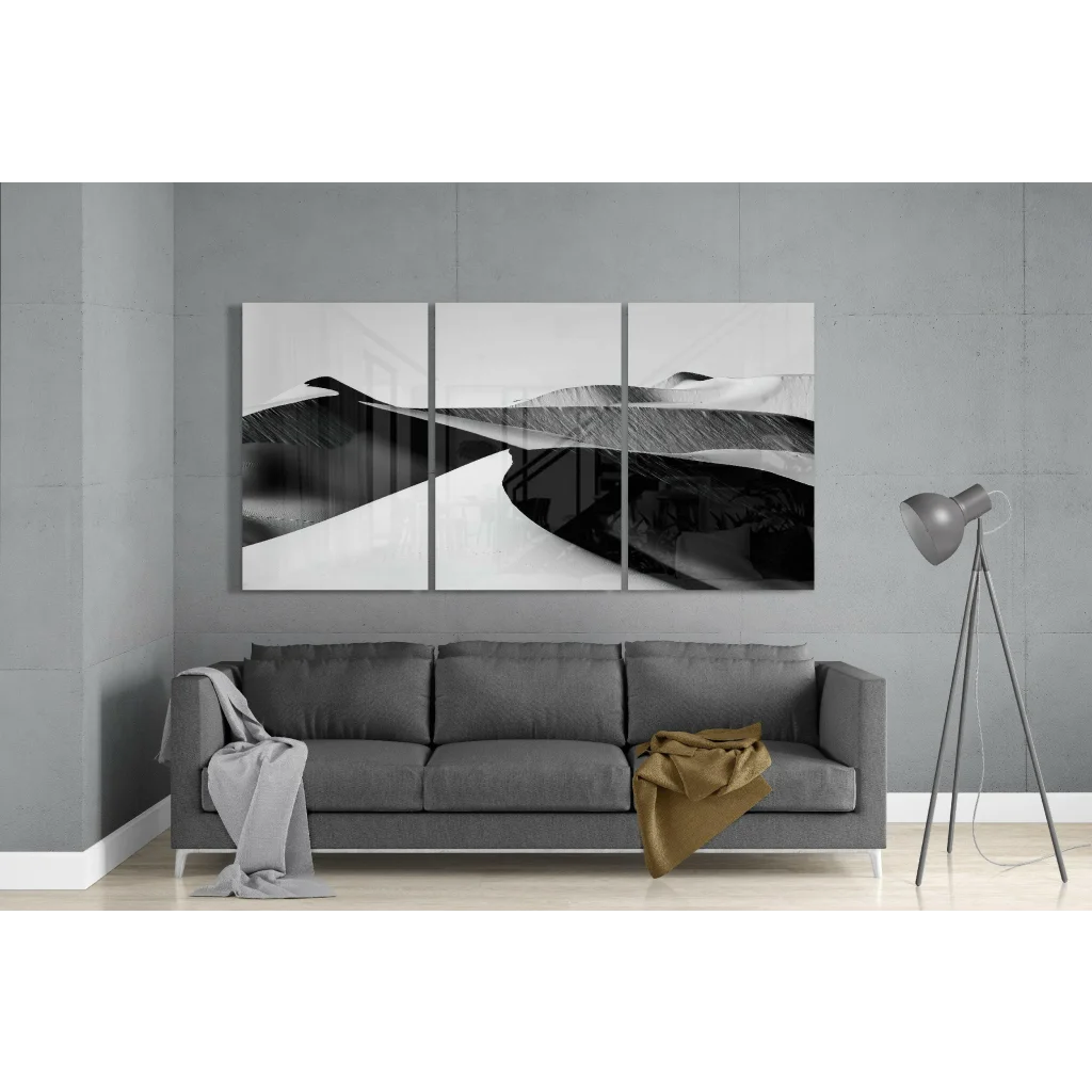 Black and white wave triptych wall art with flowing abstract forms