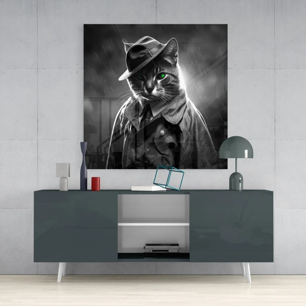 Detective Cat tempered glass art with fedora and green eyes