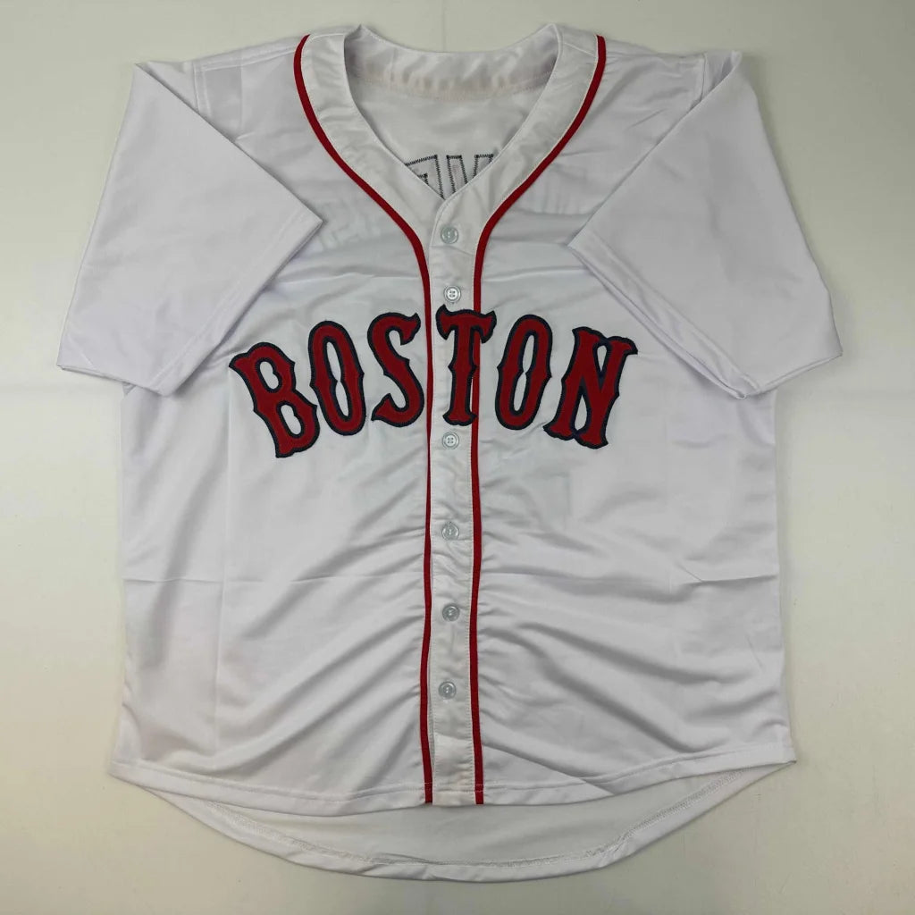White Boston custom jersey with red lettering, autographed Devers pro sports collectible