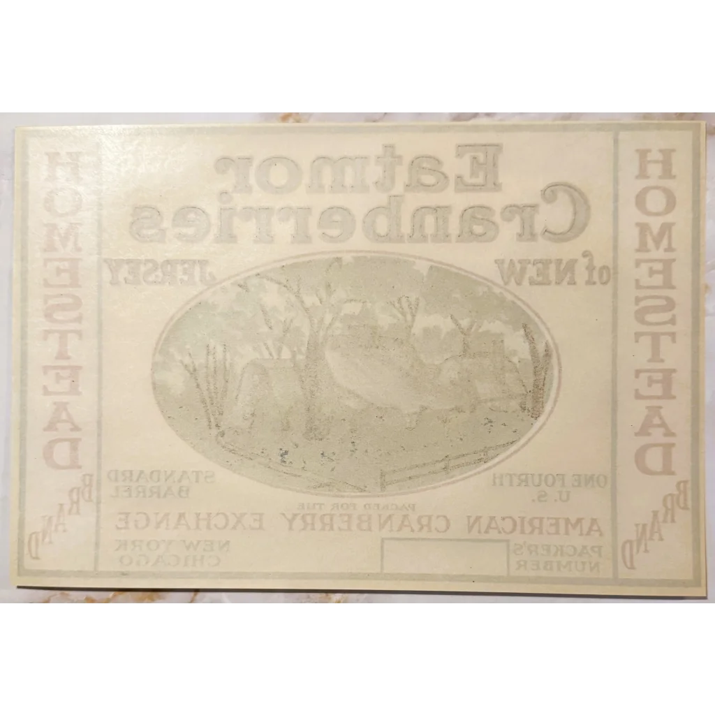 Faded printing plate of Eatmor Cranberries vintage label with oval illustration
