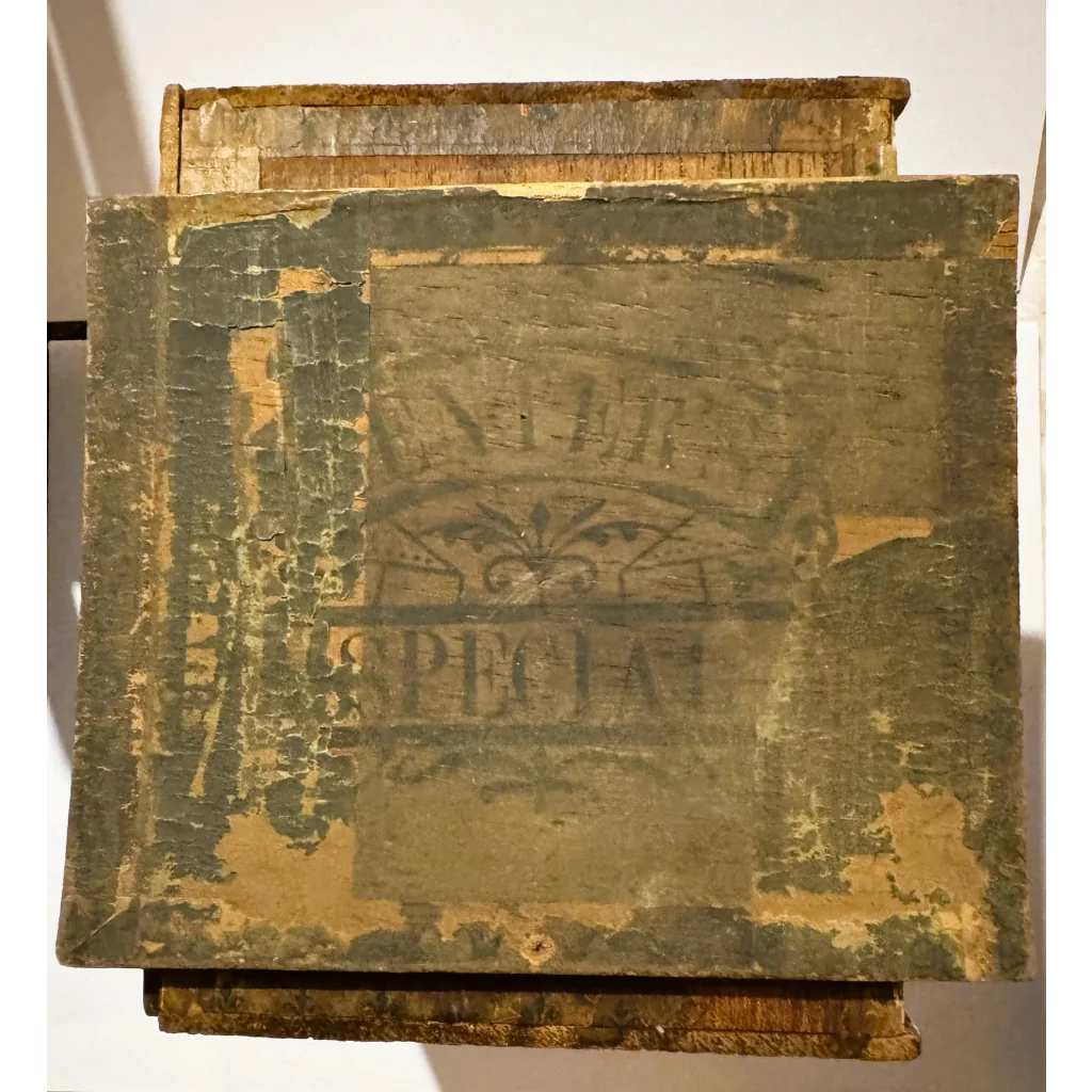 Distressed wooden crate with faded lettering, vintage cigar box for Americana lovers