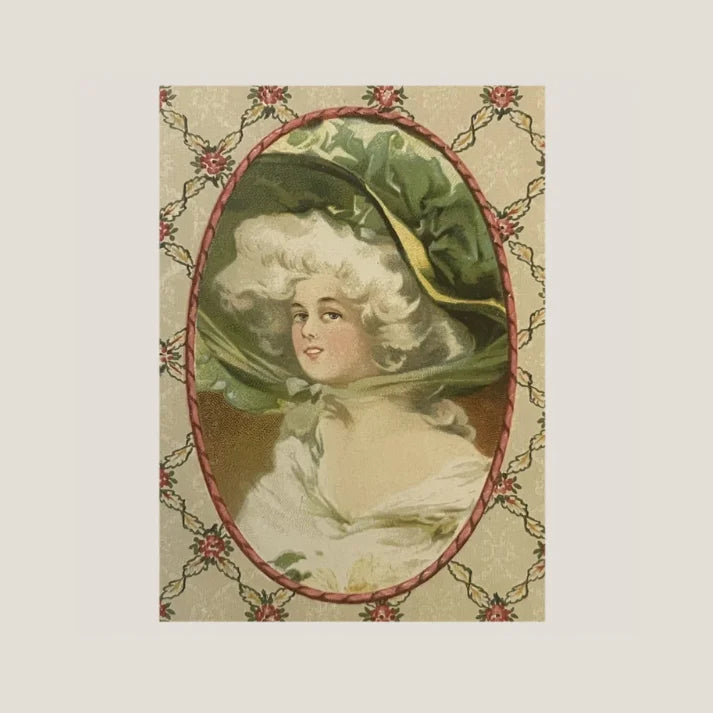 Oval portrait with floral wallpaper and elegant figure in a green hat on a candy box
