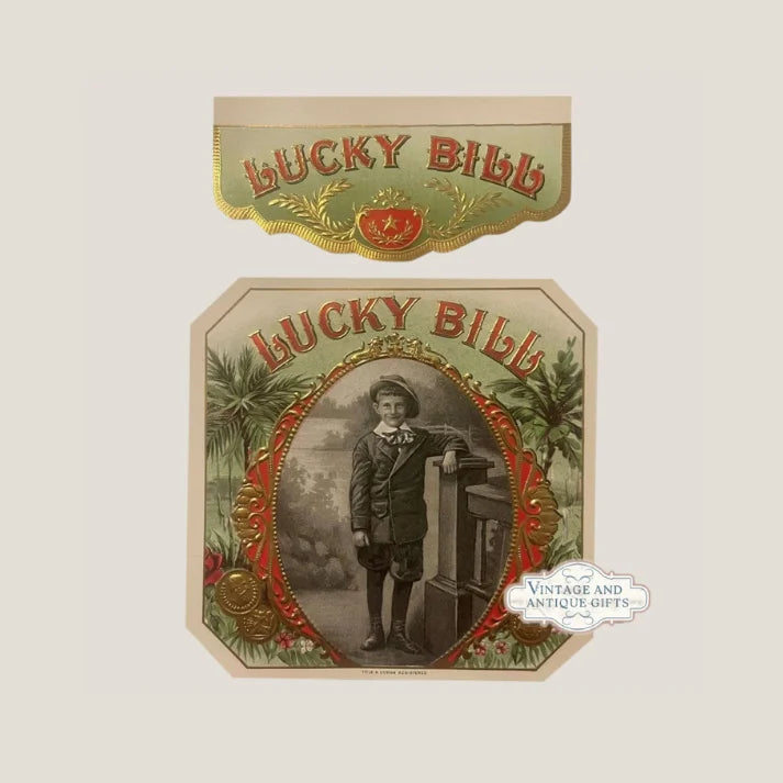 Vintage Lucky Bill cigar box label with palm trees and a portrait frame design