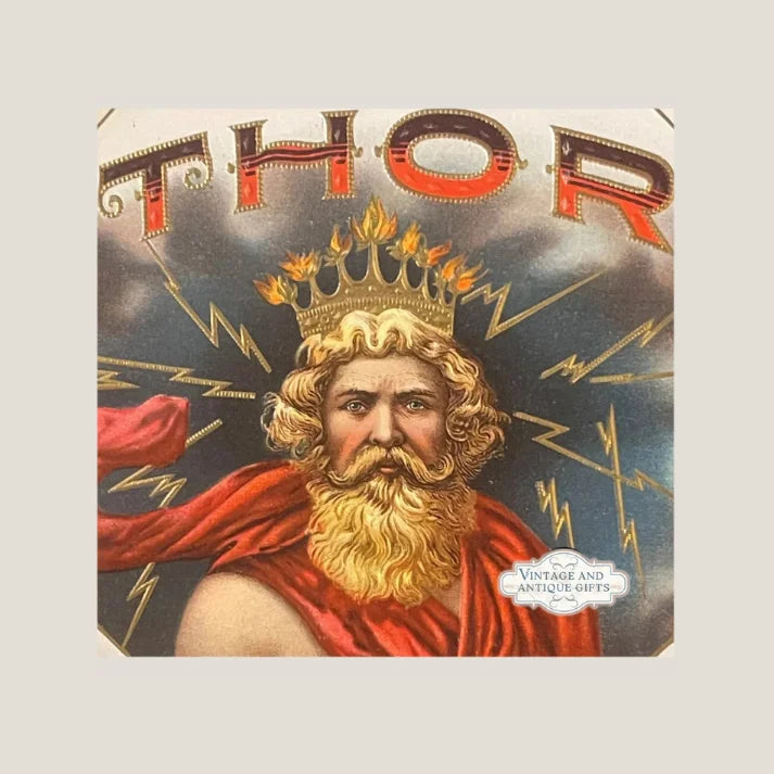 Amazing vintage cigar label featuring Thor with a golden crown and lightning bolts