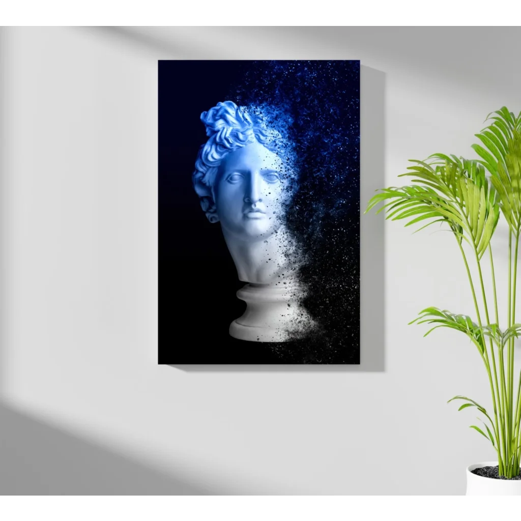 Electric blue marble bust canvas print with dispersing particle effect