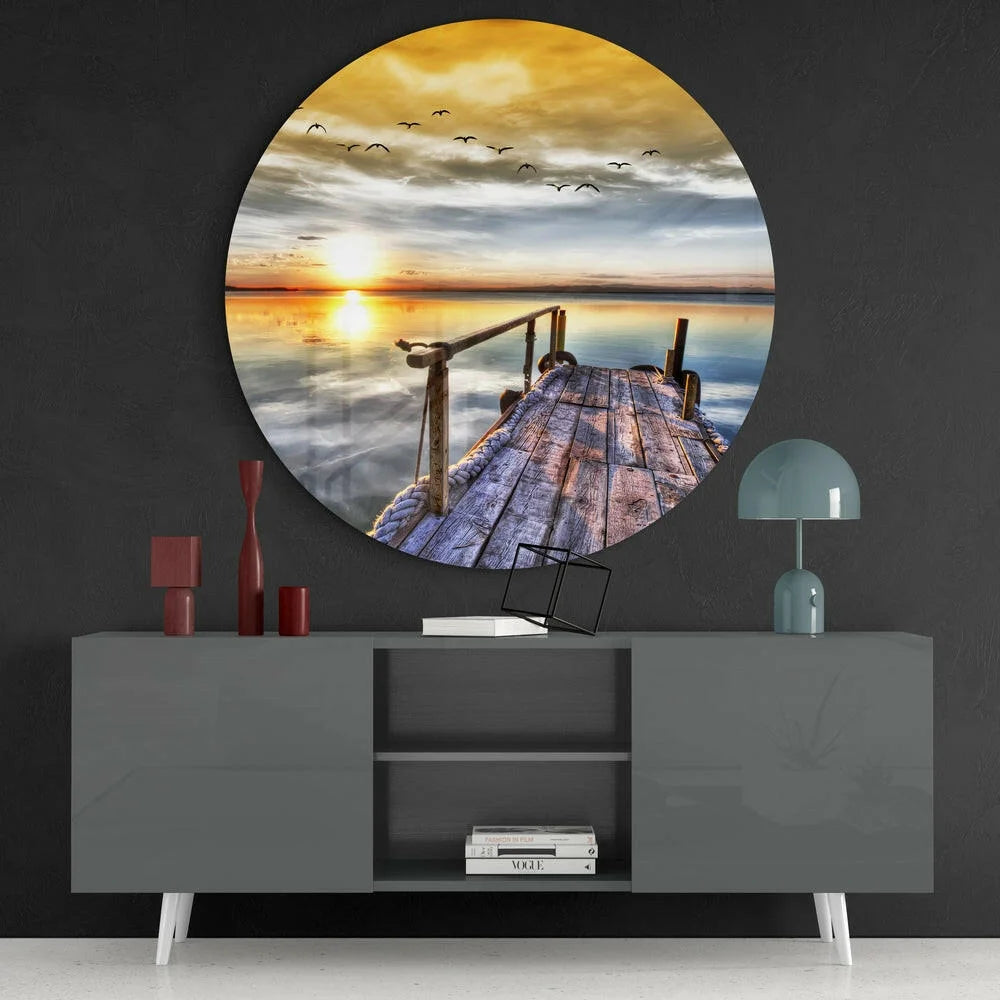 Stunning sunset dock tempered glass art with birds flying over calm water