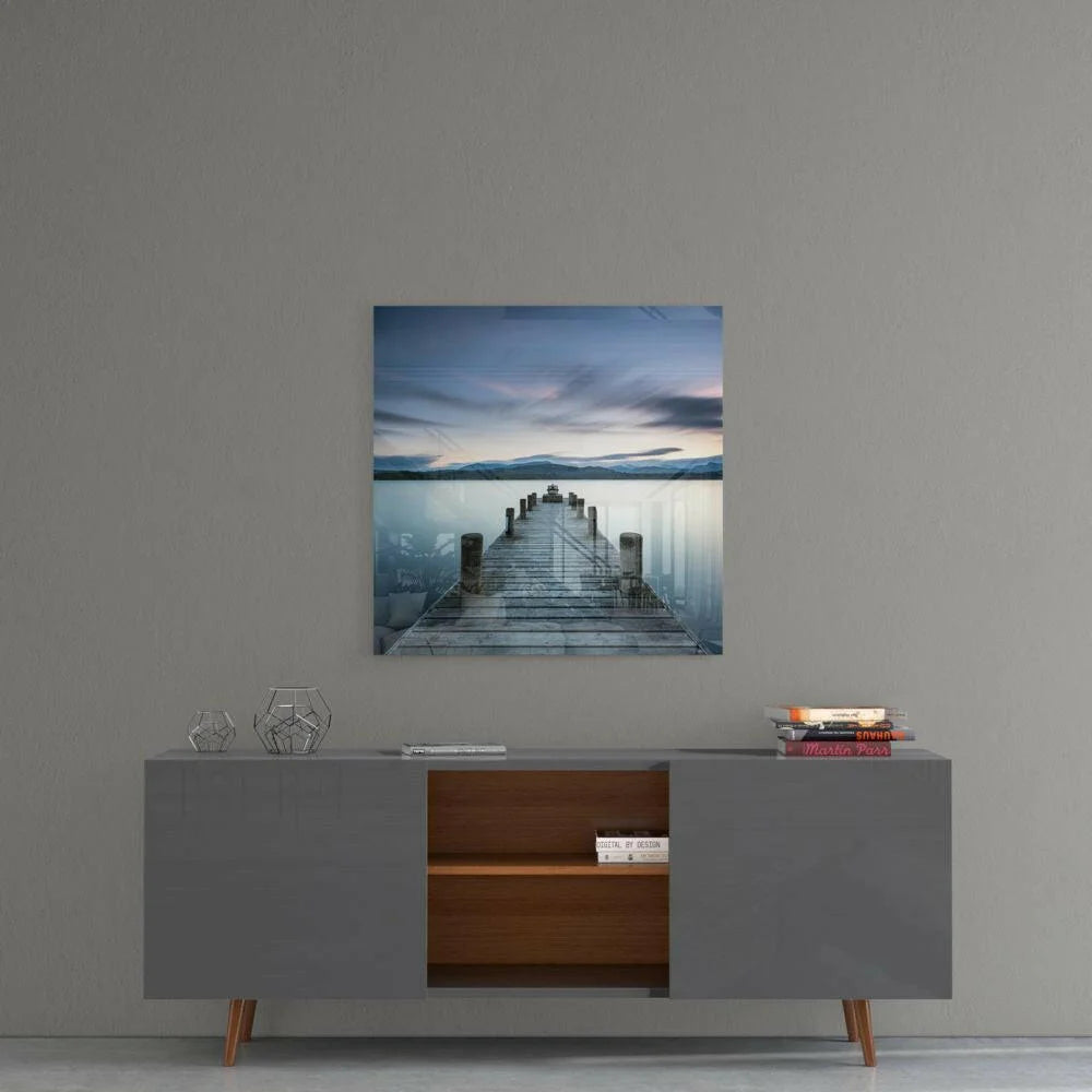 Serene twilight dock glass wall art with pier and mountain view