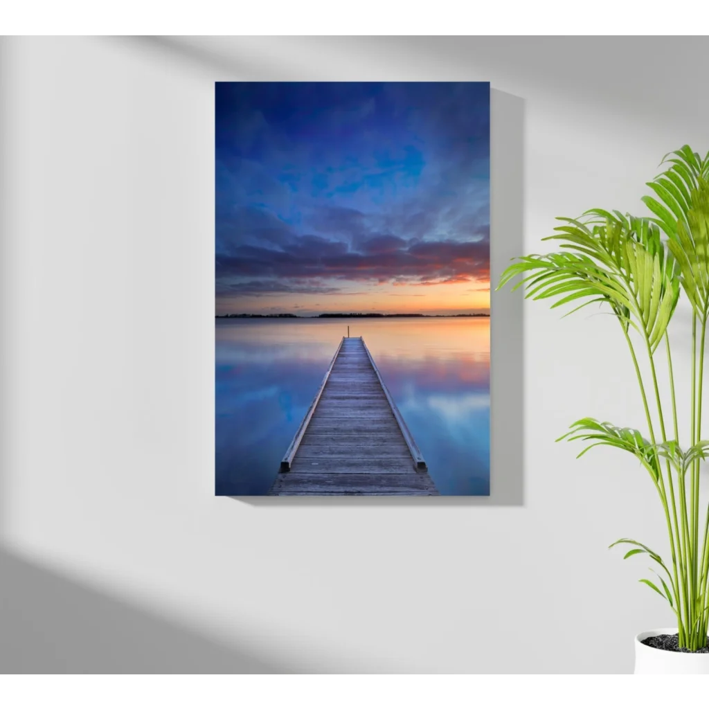 Twilight pier on Insigne aluminum print over calm water