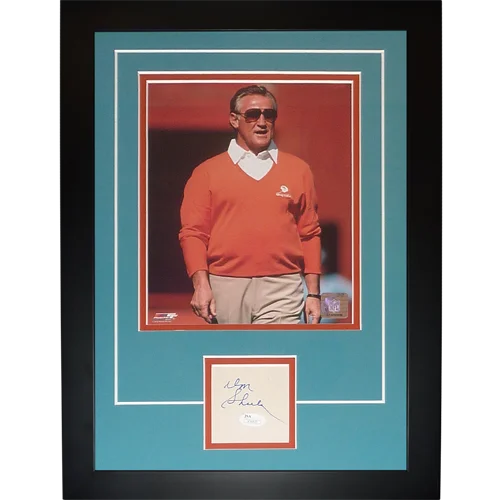 Framed don shula autographed miami dolphins orange sweater photograph with signature displayed on card below