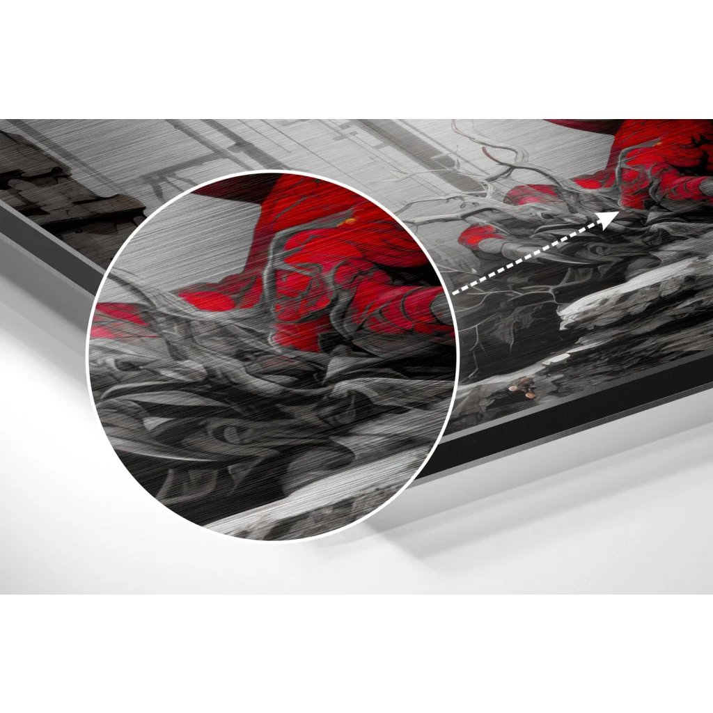 Vibrant red dragon art on brushed aluminium dibond print