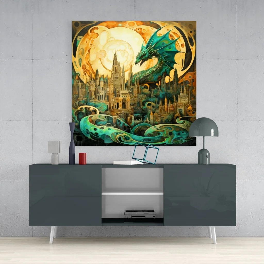 Vibrant teal dragon tempered glass art over fantasy city castle