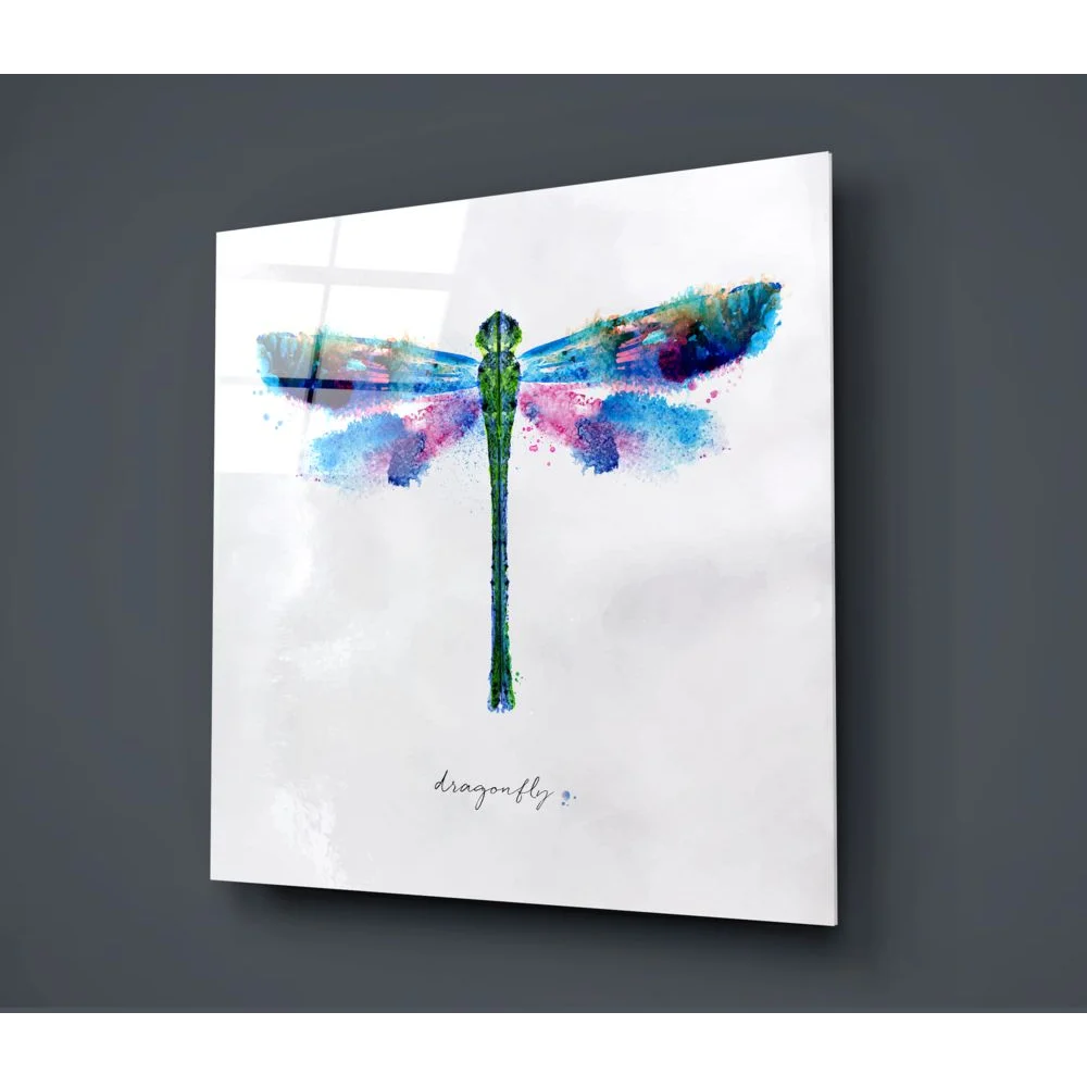Vibrant tempered glass art of watercolor dragonfly with iridescent blue wings