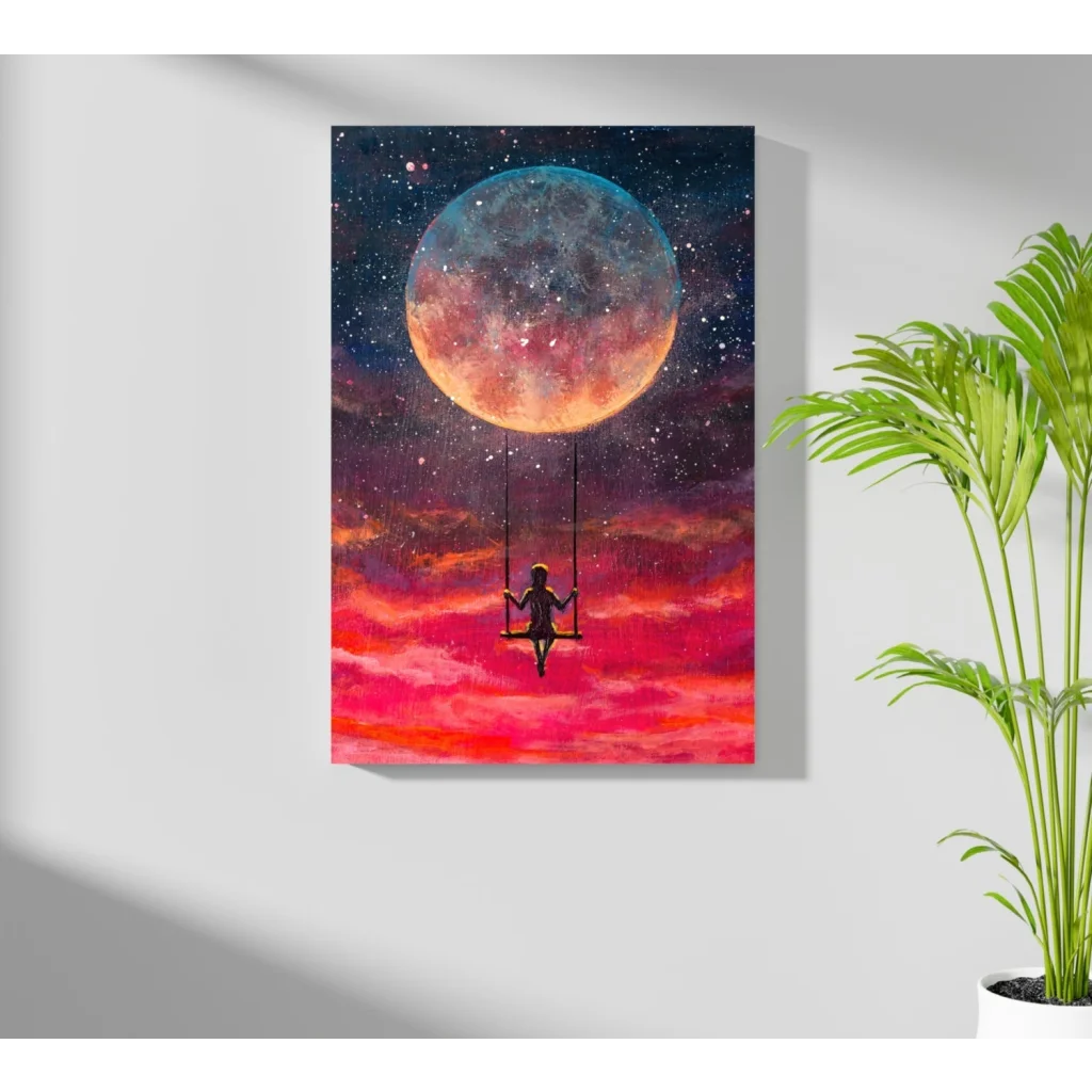 Silhouette on cosmic moon swing in starry sky on Insigne Aluminum Prints