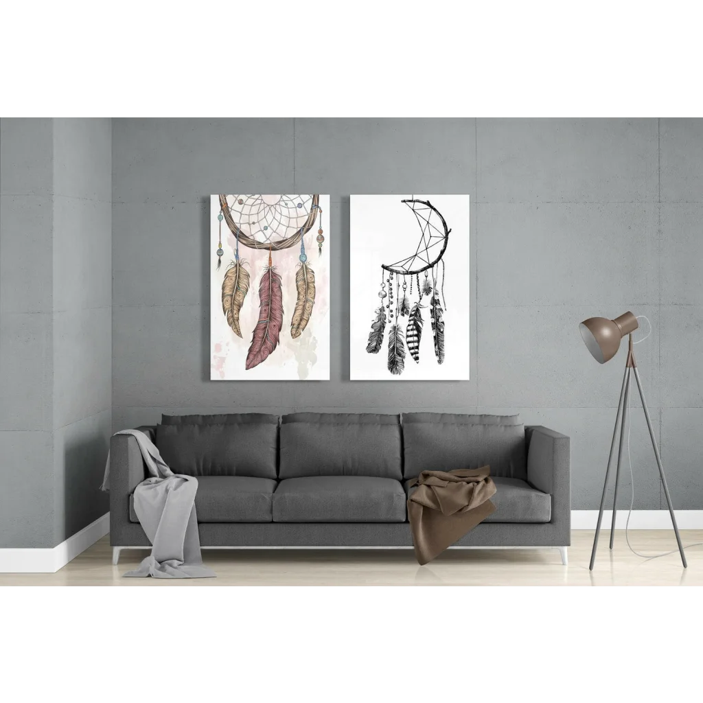 Stunning dreamcatcher glass wall art set of two with colorful feathers