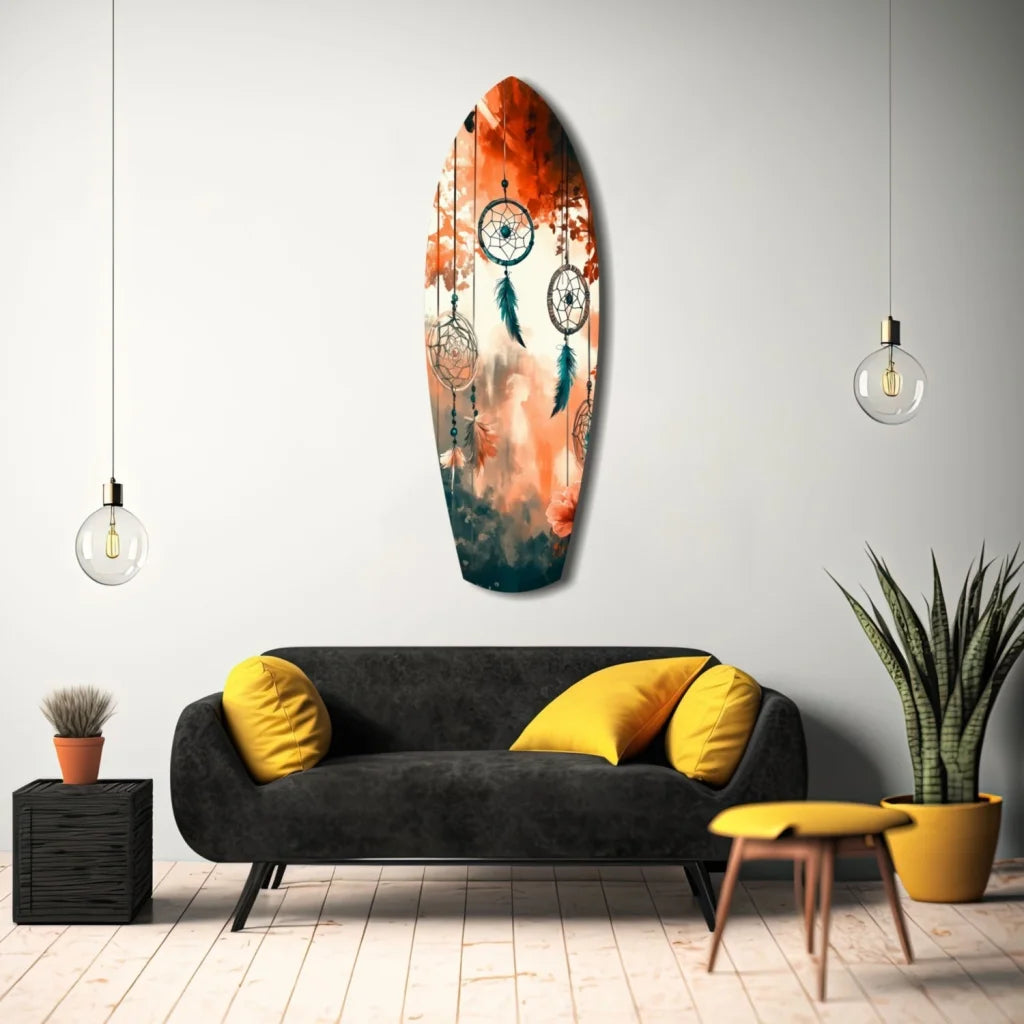 Vibrant surfboard dreamcatcher tempered glass art in orange, pink, teal