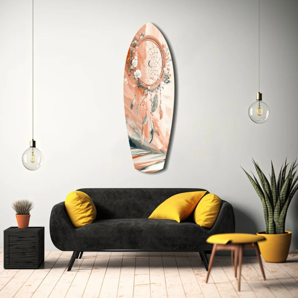 Peach dreamcatcher surfboard tempered glass art with florals