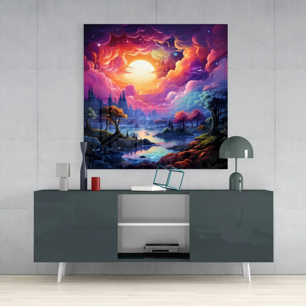 Stunning Tempered Glass Art with Glowing Fantasy Landscape | Contemporary Home Wall Art | vintageantiquesgifts.com