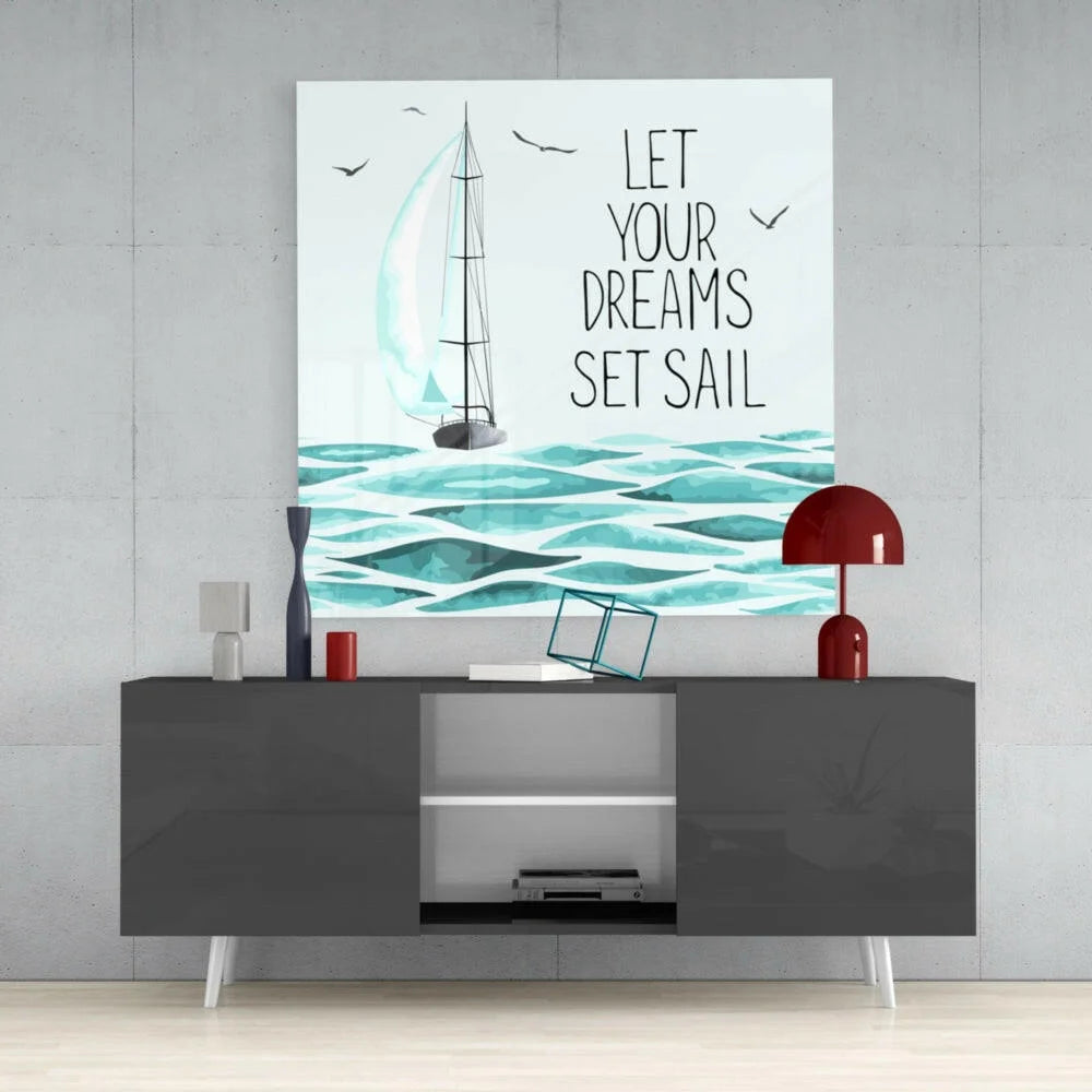Stylized sailboat on teal water wall art canvas print with Let Your Dreams Set Sail text