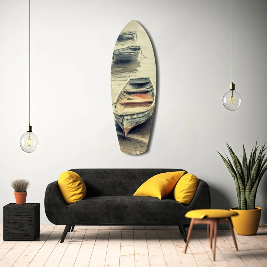 Vintage surfboard tempered glass art with weathered boats scene