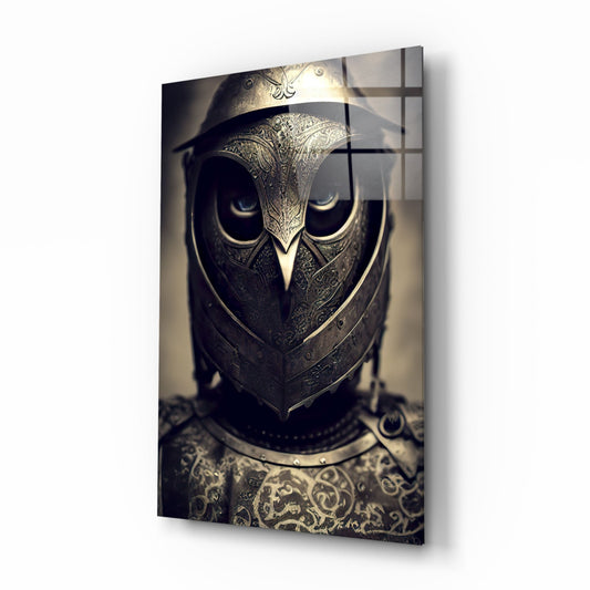 Ornate owl-shaped metal helmet with intricate filigree detailing and glowing eyes, displayed at three-quarter angle against neutral background.