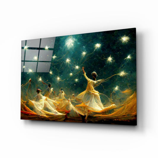 Angled product view of glass wall art featuring ethereal figures in gold and white fabrics dancing beneath luminous green-teal sky with glowing stars.
