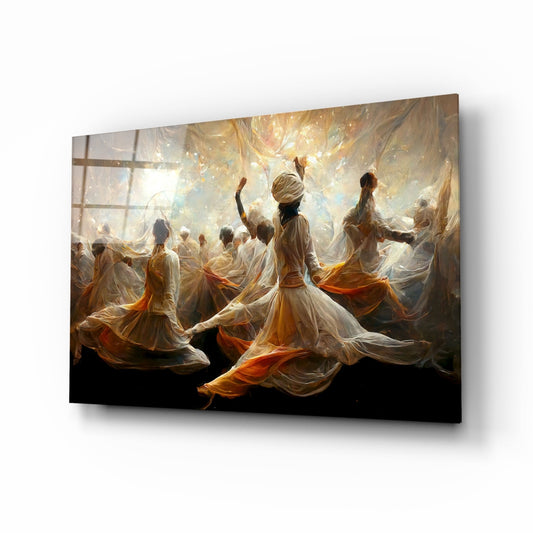 Glass wall art displaying whirling dervishes in cream and gold robes dancing beneath golden light, angled perspective view.