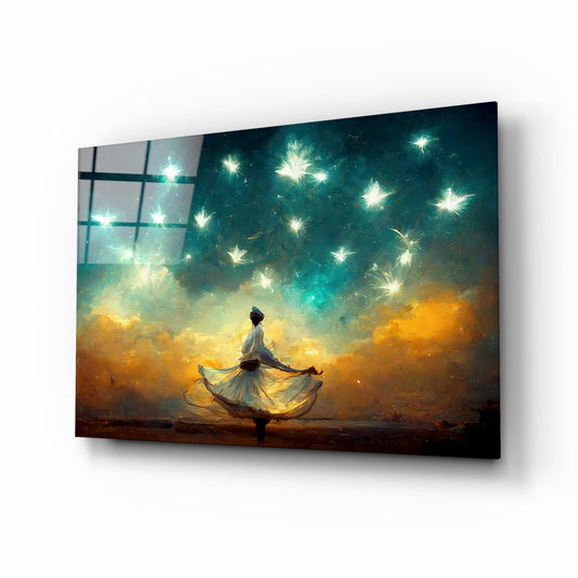 Angled view of glass wall art showing a figure in flowing white dress spinning against golden and teal sky with glowing stars, displayed on white background.