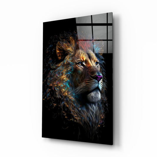 Angled perspective view of glass wall art displaying a lion's head in profile with copper and blue glowing mane against black background, mounted on wall.