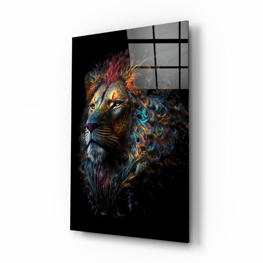 Glass wall art panel displaying a colorful lion head in profile against black background, mounted at an angle showing depth and shadow.