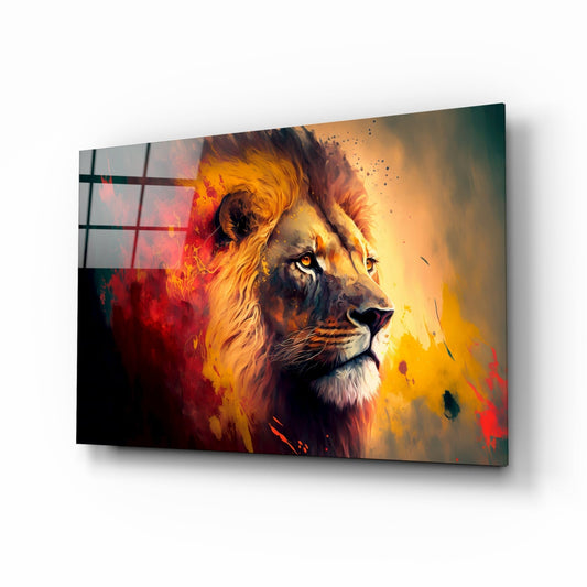 Glass wall art displaying a lion's profile with golden, red, and yellow flame-like brushstrokes, shown at an angle against white background.