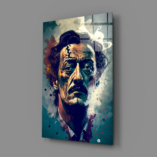 Angled view of glass wall art displaying a colorful portrait of a bearded man with wild hair against teal and warm-toned splatter effects.